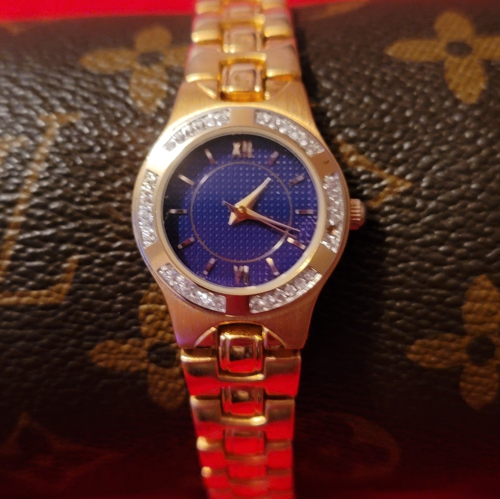 Christian Benet Goldtone Ladies Watch With‎ Blue Face & Crystals Wristwatch